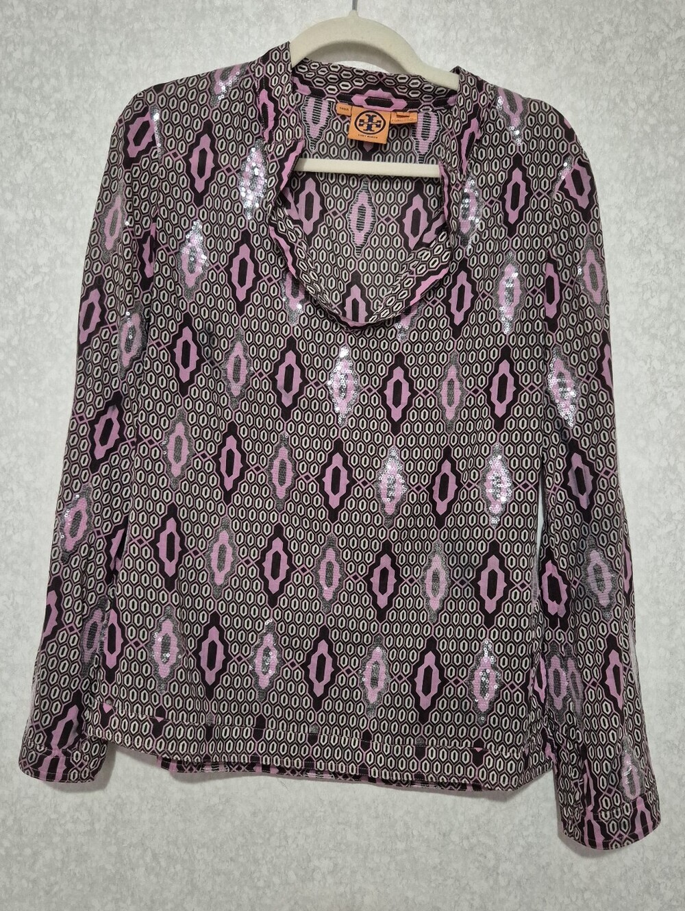 Tory Burch Pink and Black Geometric Long-Sleeve Tunic-Blouse..Size:8